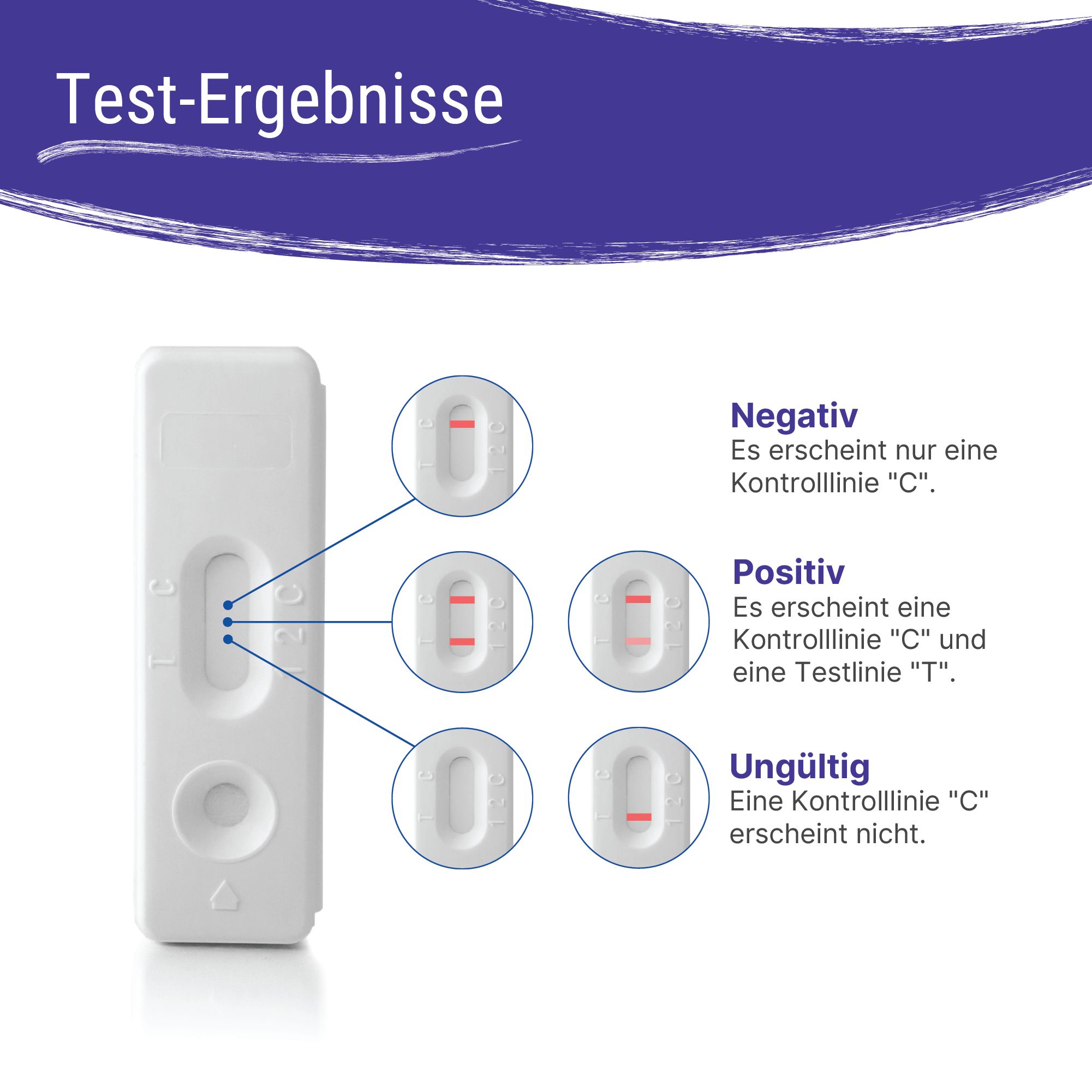 Résultats du test TSH Patris Health®. Trois diagrammes montrent les résultats négatifs, positifs et non valides.