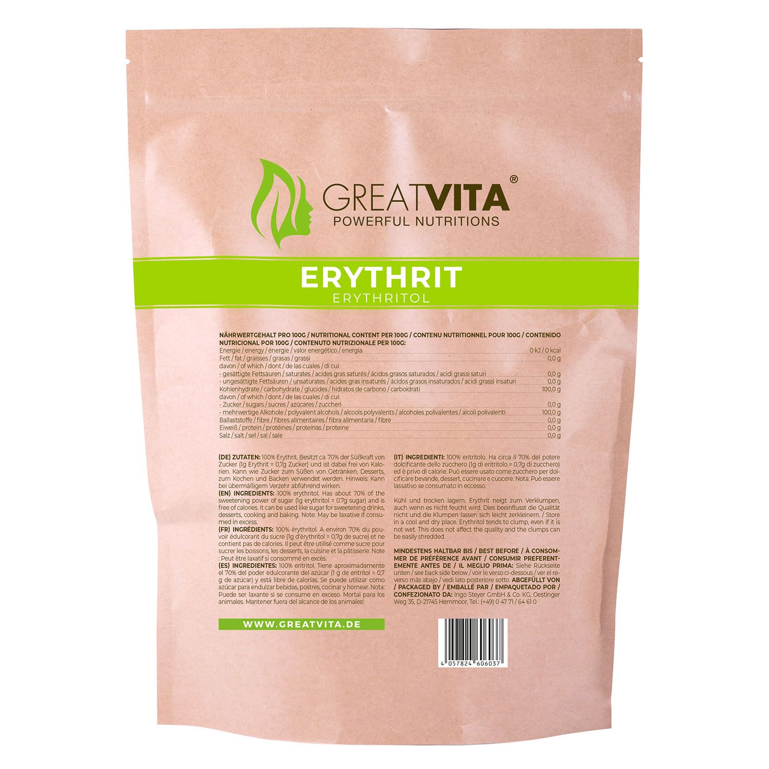 Achterkant van de erythritolzak. Bevat voedingsinformatie en ingrediëntenlijst in meerdere talen.