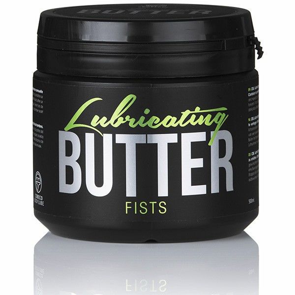 Zwarte pot met "Lubricating BUTTER FISTS" opdruk in groen en zilver. 500ml.