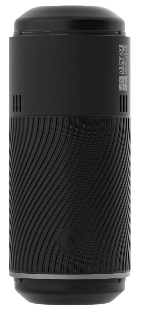Appareil cylindrique noir avec texture côtelée et fentes d'aération. Marque ARCWAVE visible.