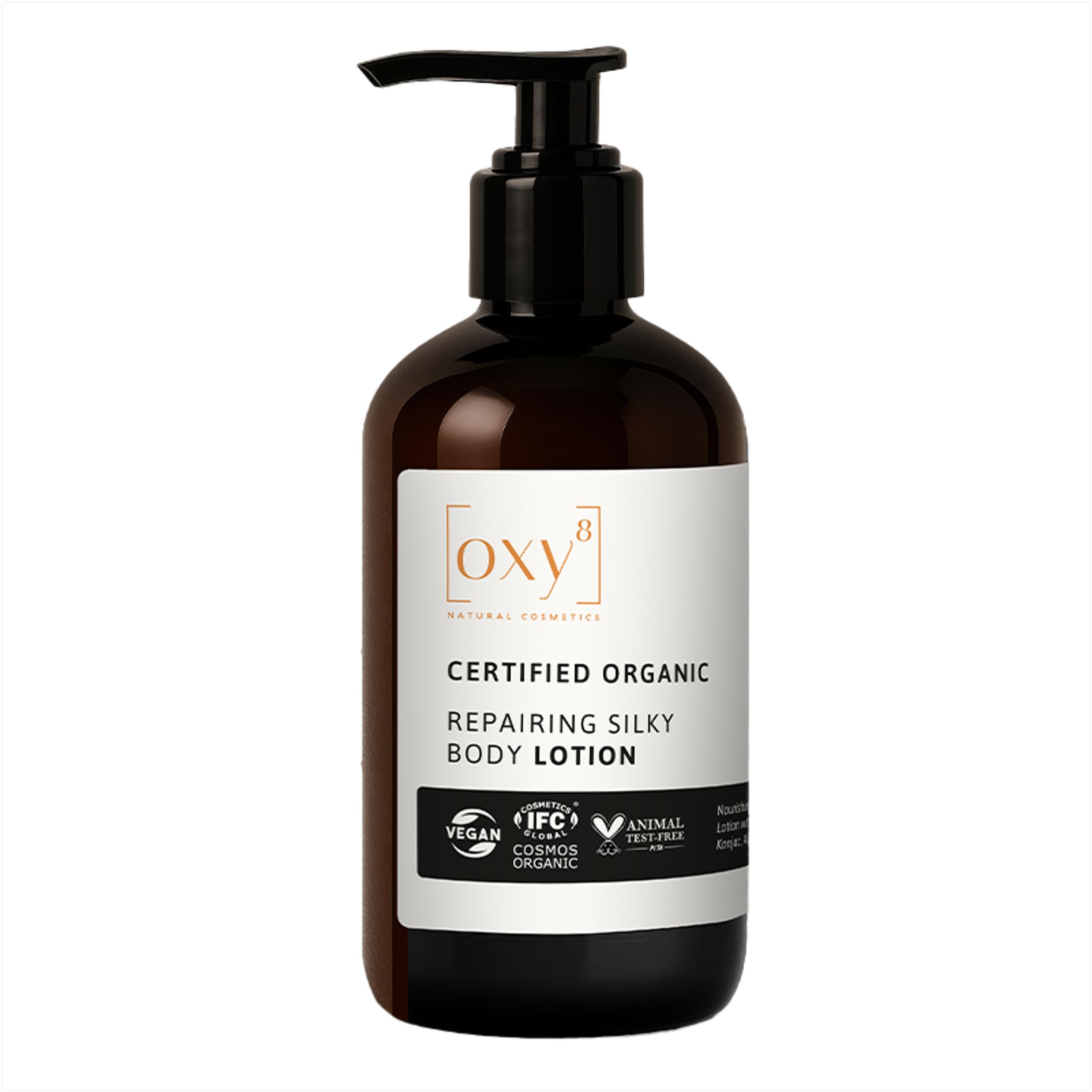Flacon brun avec pompe noire. Étiquette avec texte: Repairing Silky Body Lotion, Vegan, IFC Cosmos Organic.