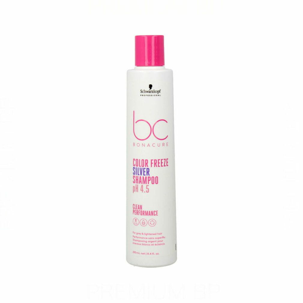 Wit shampoo met roze dop. Opschrift: Schwarzkopf, BC Bonacure Color Freeze Silver Shampoo pH 4.5.