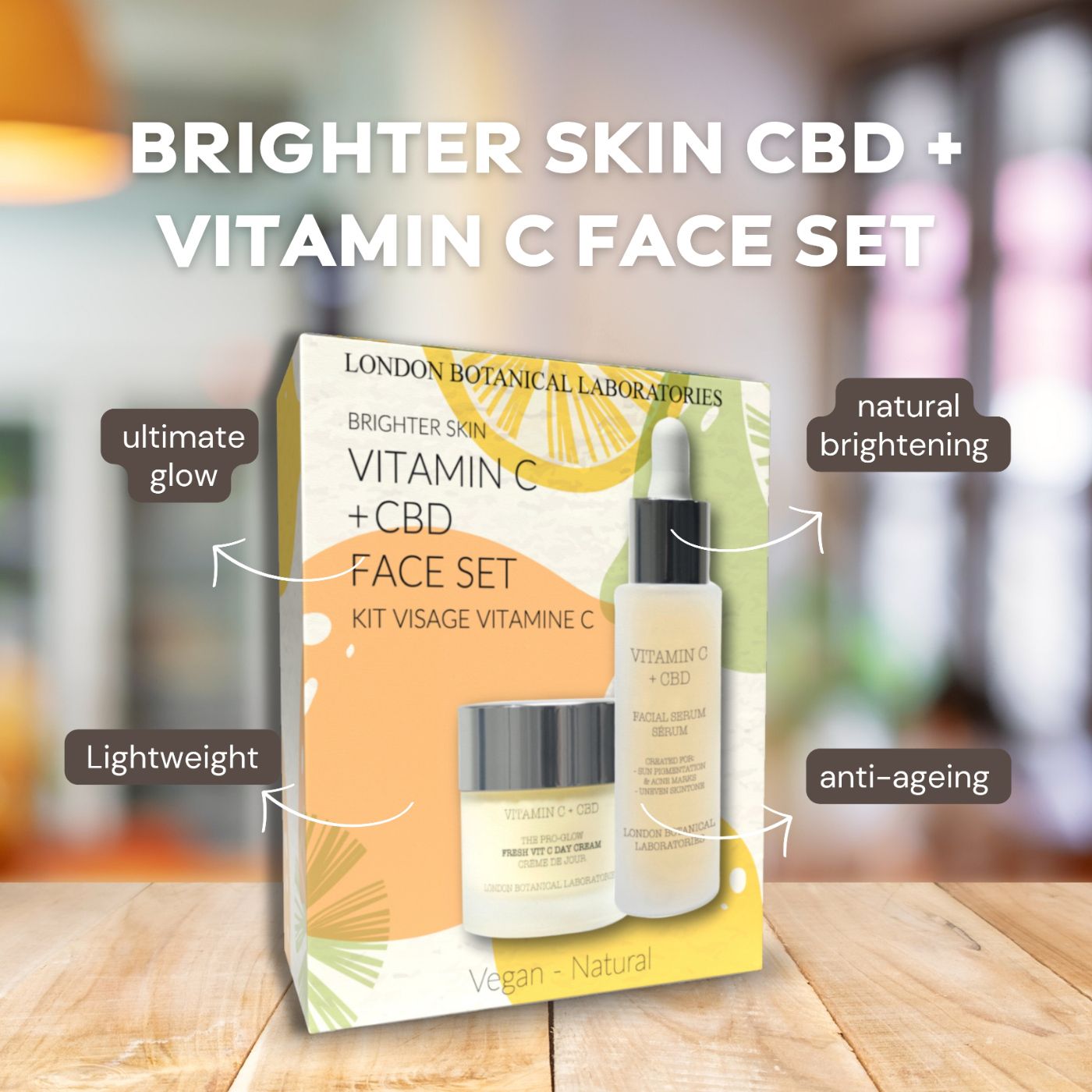 Coffret cadeau avec sérum et crème. Contient de la vitamine C + CBD. Végétalien et naturel. Emballage avec logo et nom du produit.