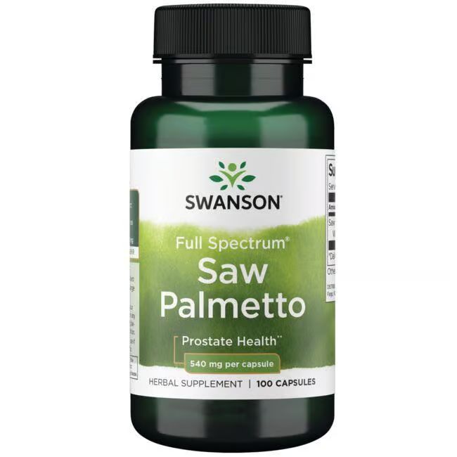 Flacon vert avec bouchon noir. Inscription: Swanson, Saw Palmetto, 540 mg par capsule. 100 capsules.