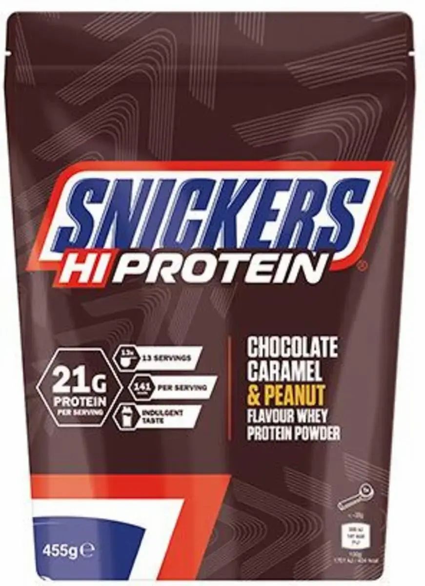 Snickers Hi Protein Poudre de lactosérum saveur chocolat, caramel et cacahuète, sachet de 455g.