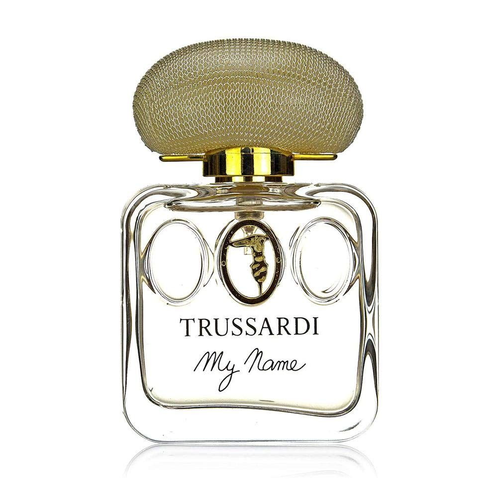 Flacon Trussardi My Name Eau de Parfum avec bouchon doré et ornements ovales.