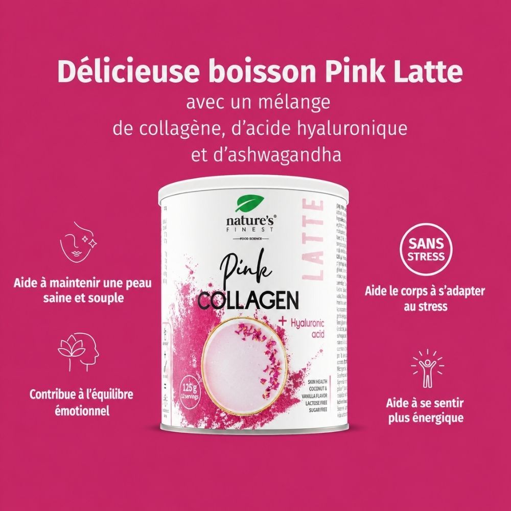 Boîte Pink Collagen, verre de Pink Latte, cuillère de poudre, morceaux de noix de coco.