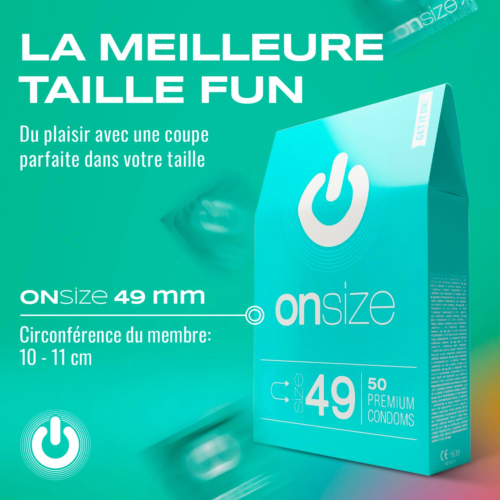 Boîte de préservatifs ONsize 49mm, 50 pièces, avec indication de taille.