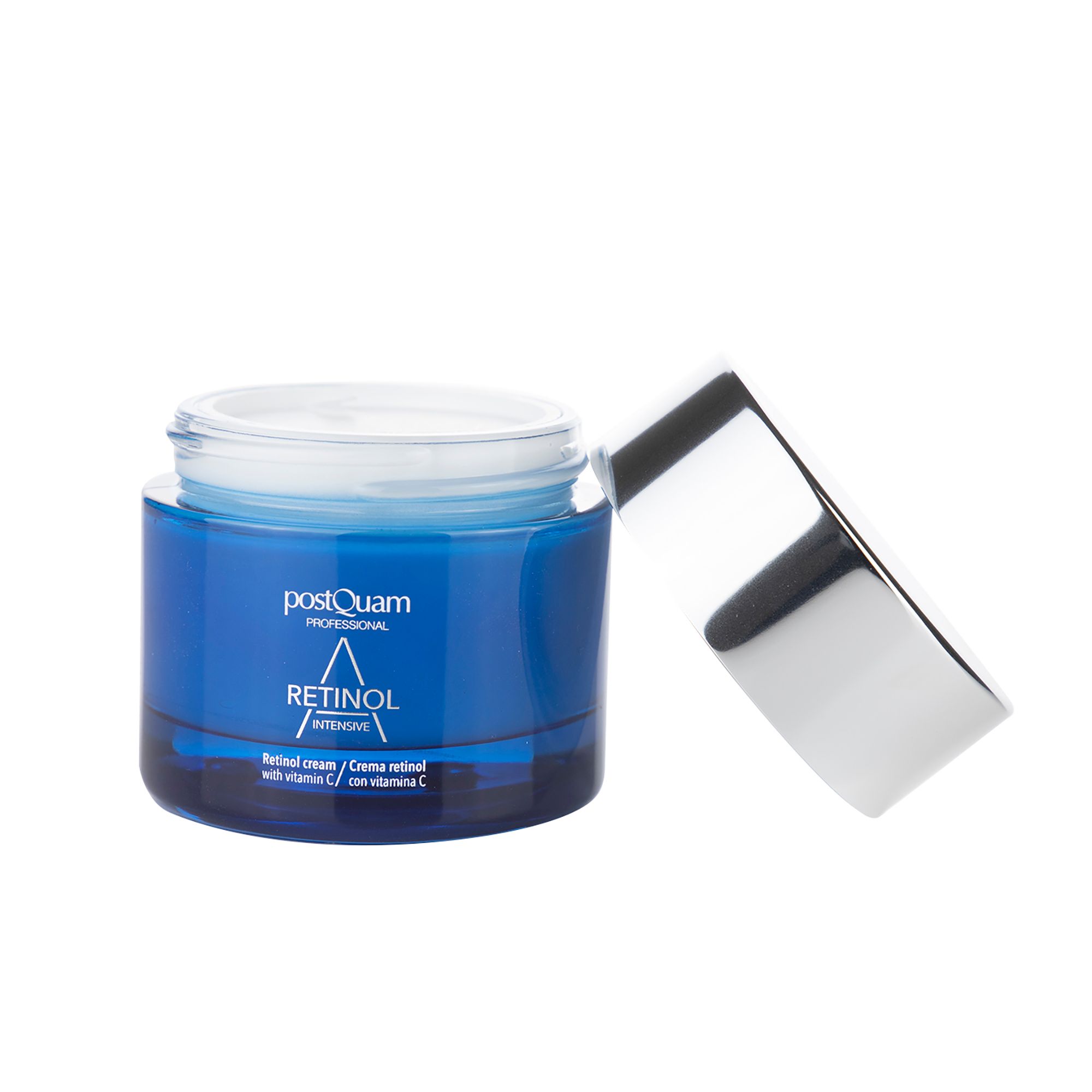 Blauwe crèmepot met open deksel. Opschrift: Retinol Intensive, Retinol cream with vitamin C.