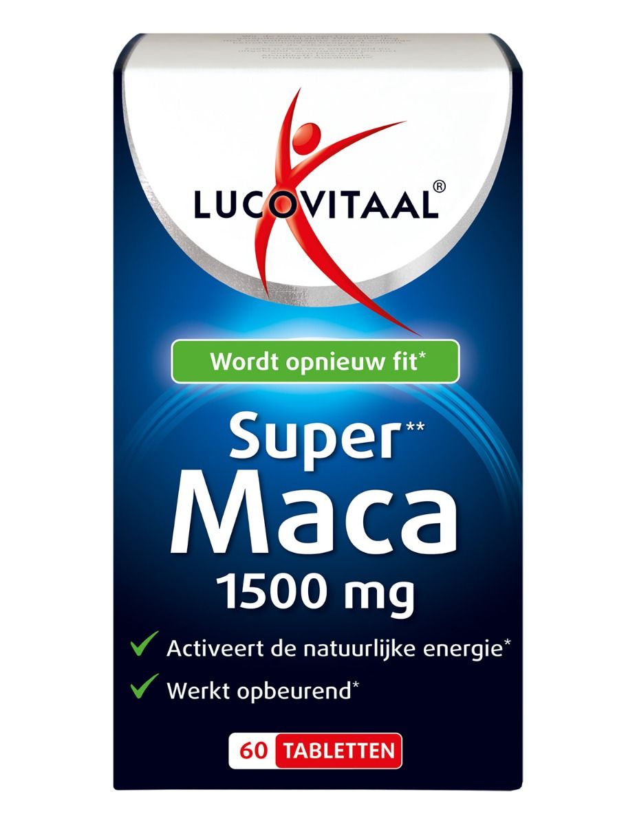 Blauw-witte verpakking "Lucovitaal Super Maca 1500 mg". Bevat 60 tabletten. Groen: "Wird opnieuw fit".