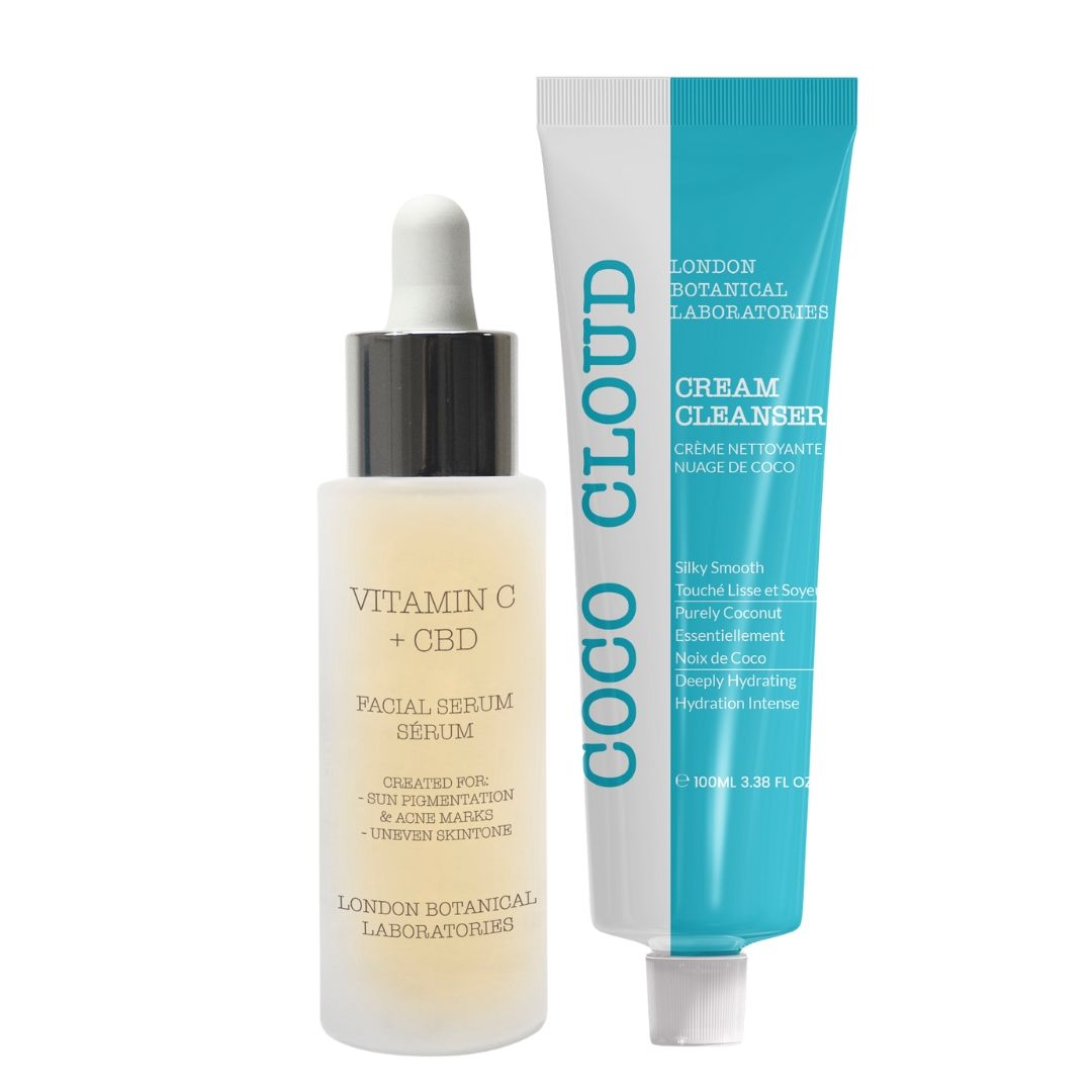 Deux produits cosmétiques : flacon de sérum avec pipette et tube. Inscriptions : Vitamin C + CBD, Facial Serum, Coco Cloud, Cream Cleanser.