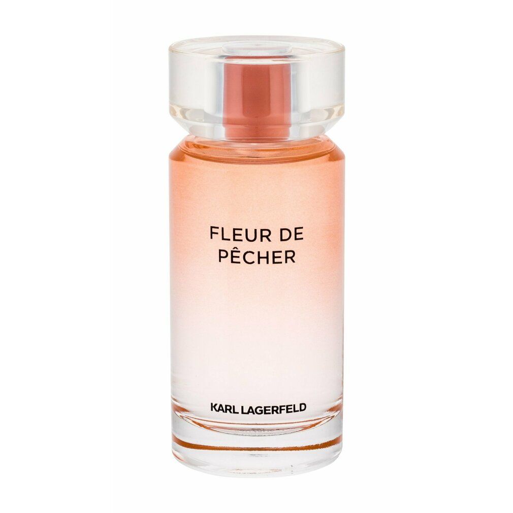 Fles met opschrift FLEUR DE PÊCHER, KARL LAGERFELD. Transparante fles met roze kleurverloop. Transparante dop.