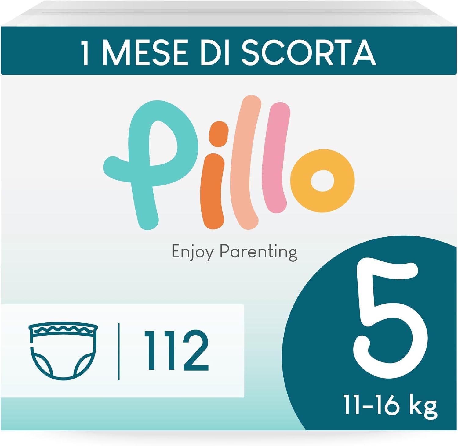 Pillo Pants maat 5, verpakking van 112 luiers. Voor kinderen van 11-16 kg. Opschrift: 1 maand voorraad.