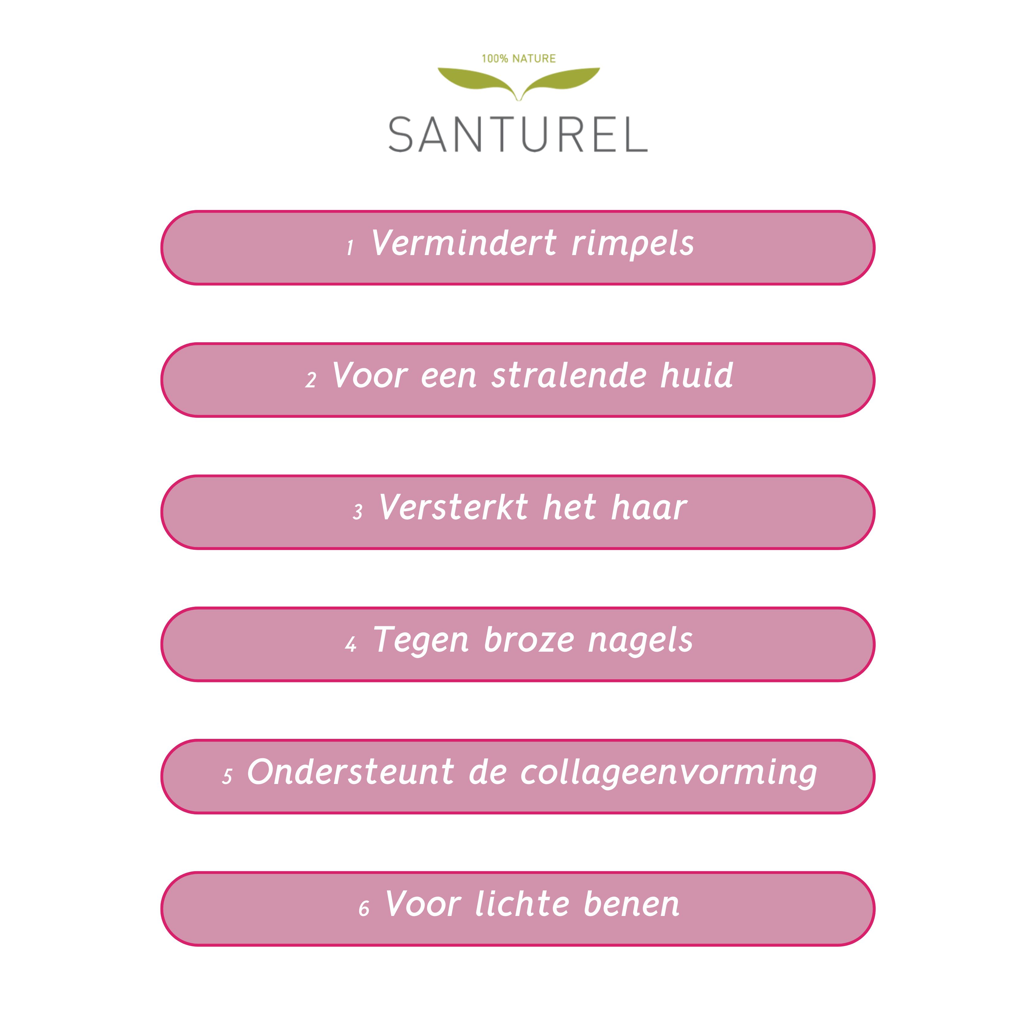 Roze panelen met tekst. 1. Vermindert rimpels. 2. Voor een stralende huid. 3. Versterkt het haar. 4. Tegen broze nagels. 5. Collageenvorming.