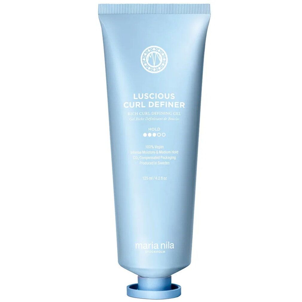 Maria Nila Luscious Curl Definer tube, 100ml. Lichtblauwe verpakking met wit etiket.