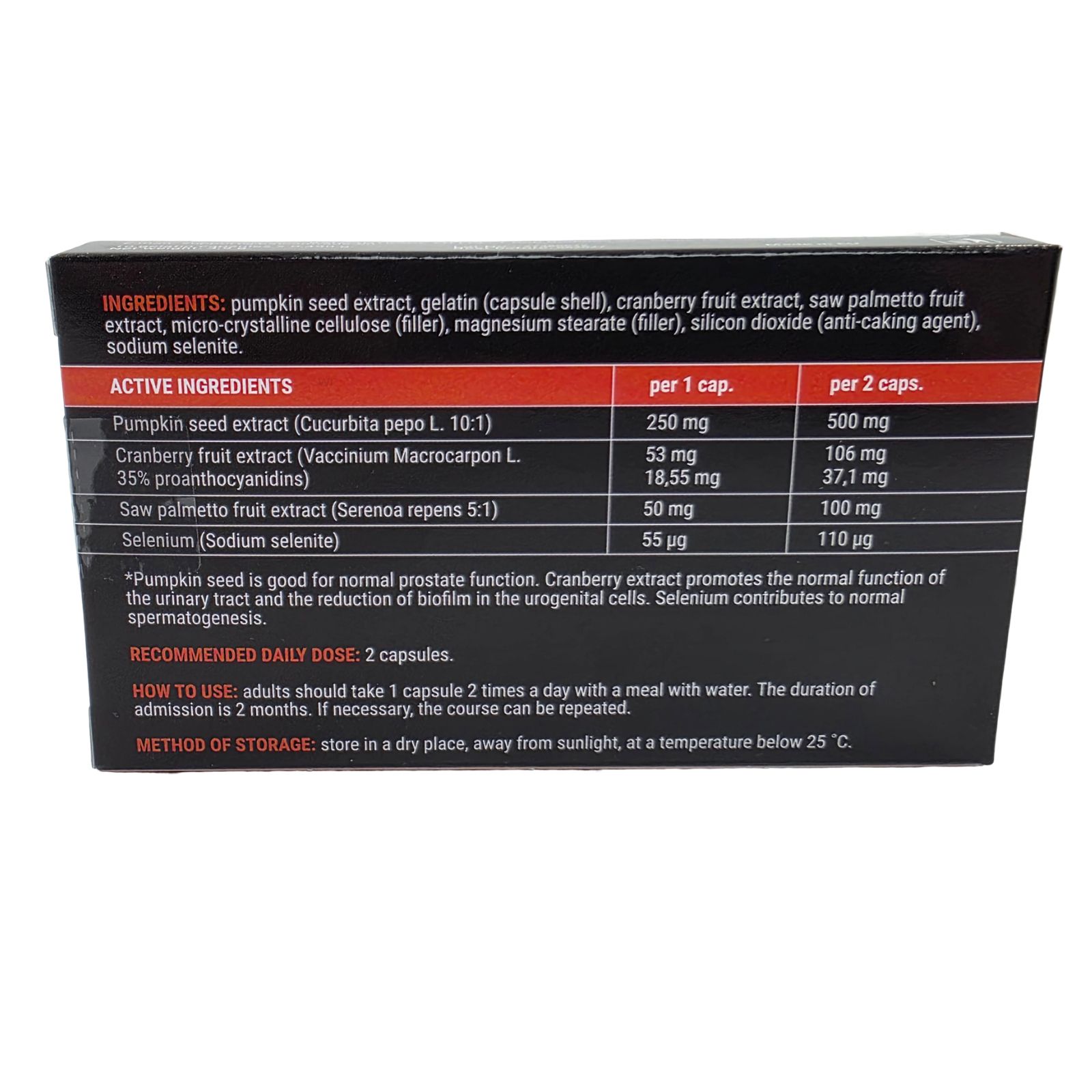 Achterkant van de doos met ingrediënten en dosering. Bevat informatie over pompoenpitextract, cranberry-extract, zaagpalmextract.