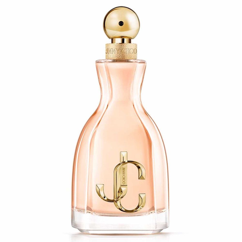 Une bouteille de parfum Jimmy Choo avec un logo JC doré et un bouchon rond doré.