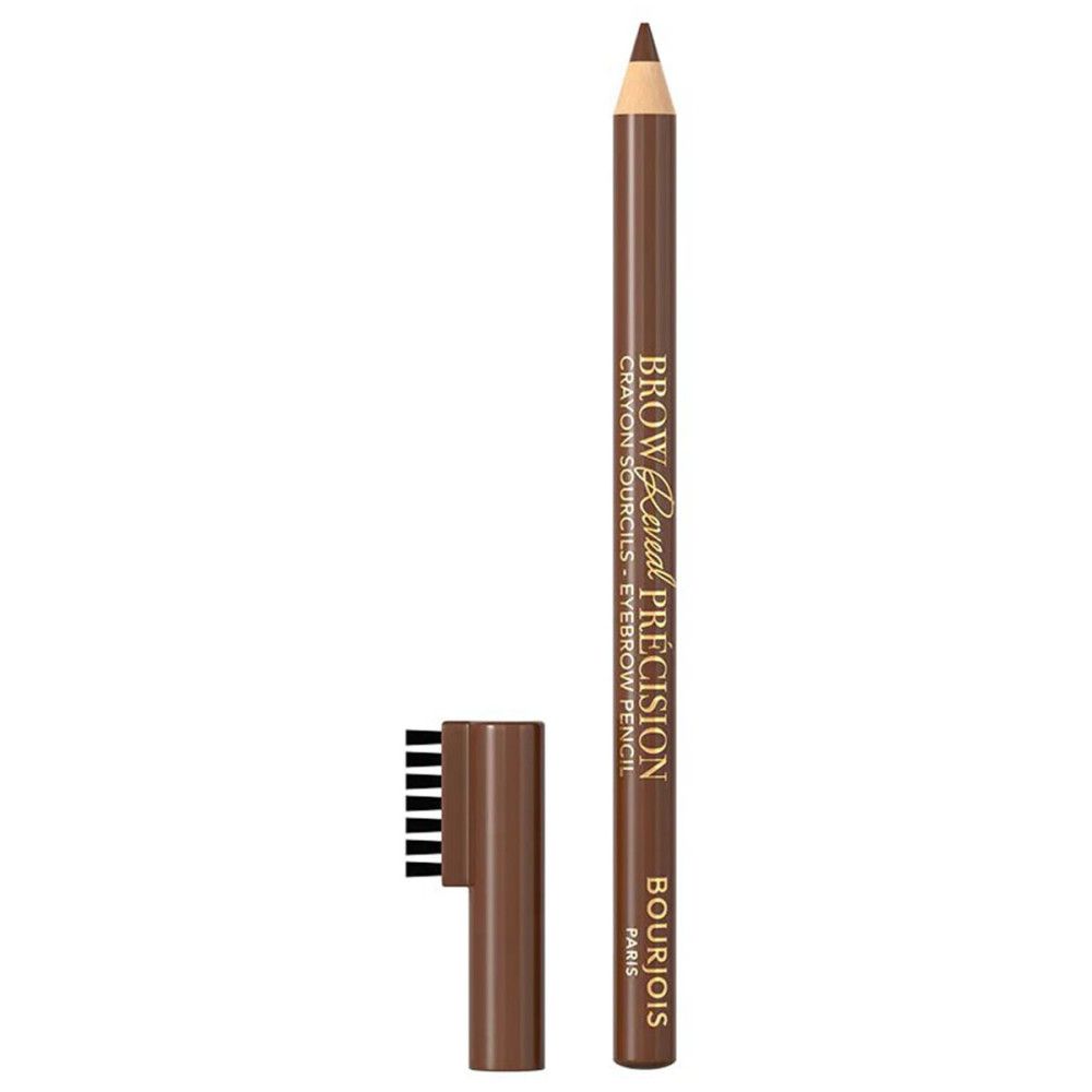 Crayon à sourcils brun avec brosse et capuchon. Inscription : Brow Reveal Précision, Bourjois Paris.