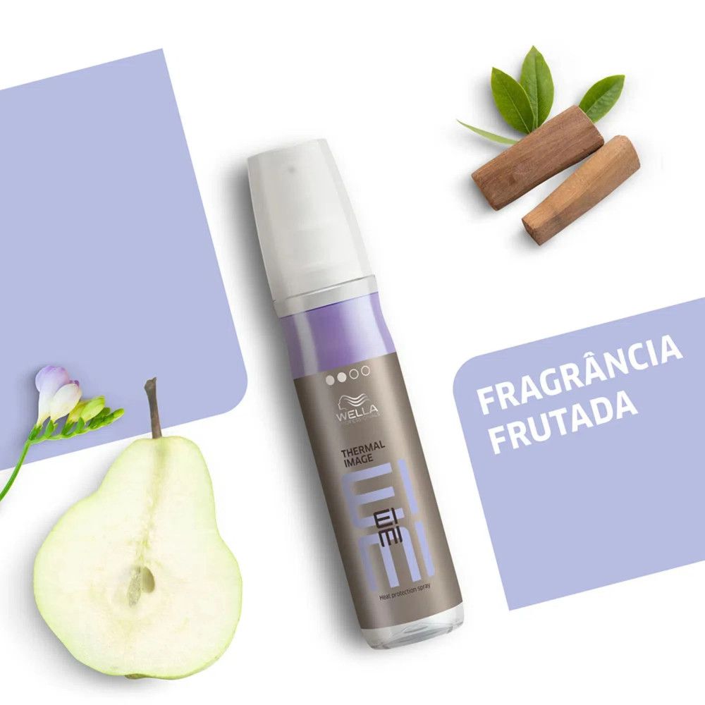 Flacon de spray capillaire avec liquide violet, poire, bâtons de cannelle et feuilles. Texte : Fragrância Frutada.