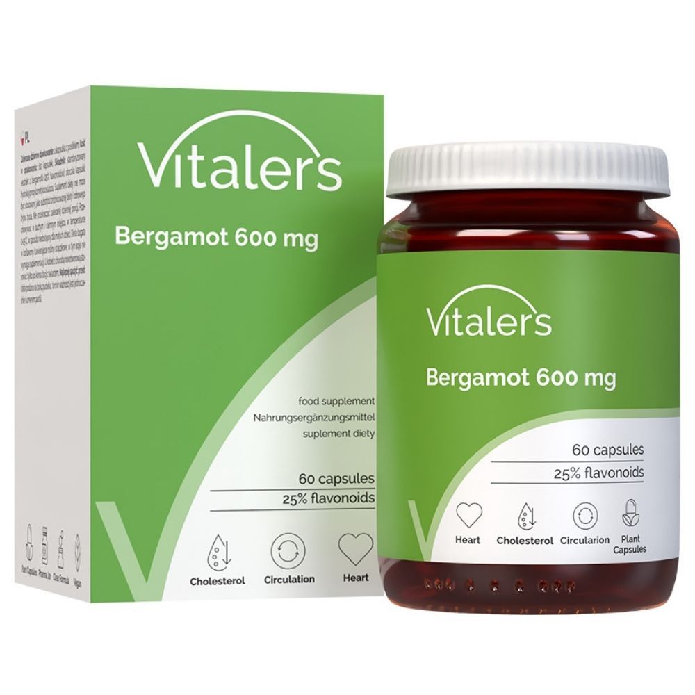 Vitaler’s Bergamot 600 mg: Productfles en doos naast elkaar, beide met groene etikettering.