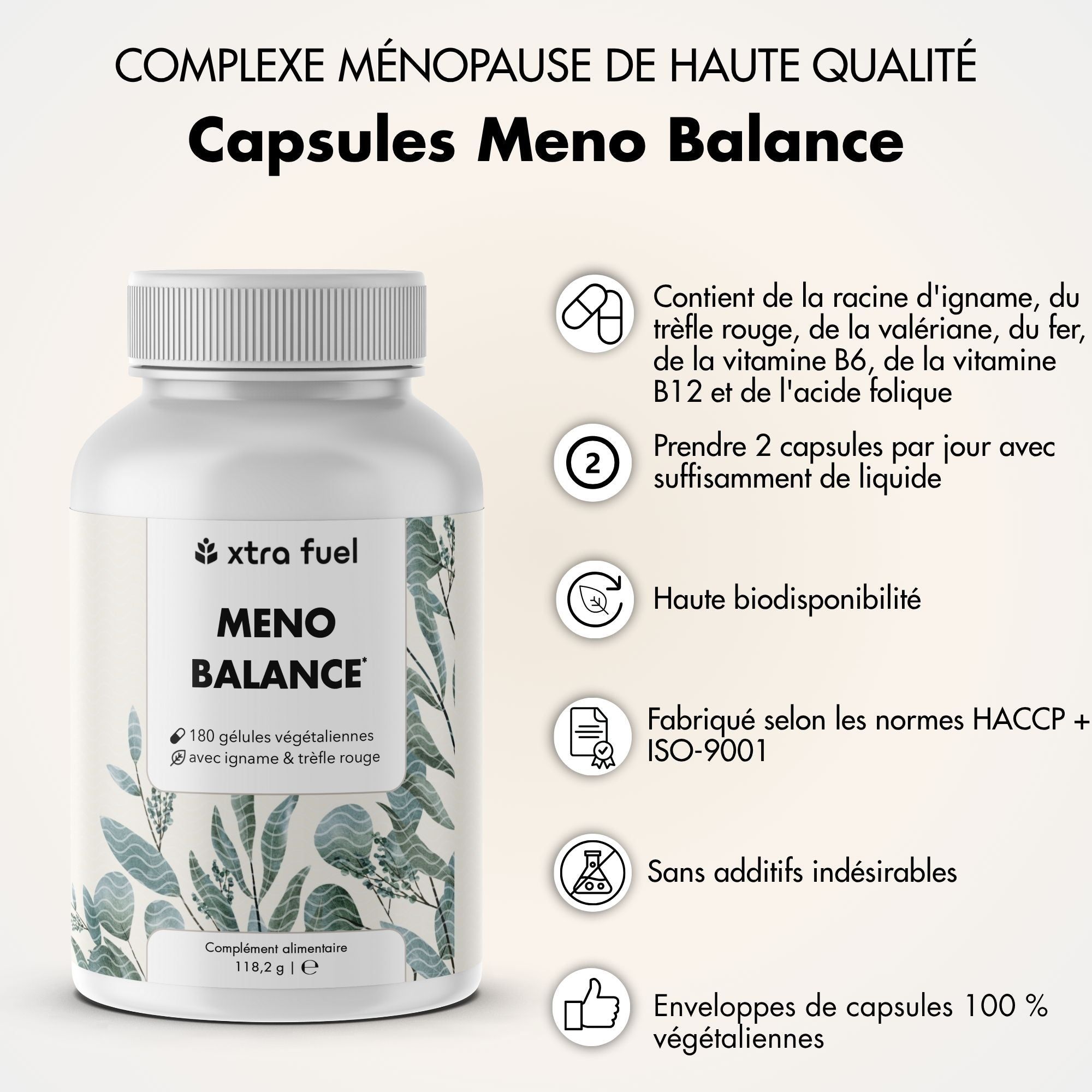 Flacon blanc de gélules. Inscription : Meno Balance, xtra fuel. Texte : 180 gélules végétaliennes avec igname & trèfle rouge.