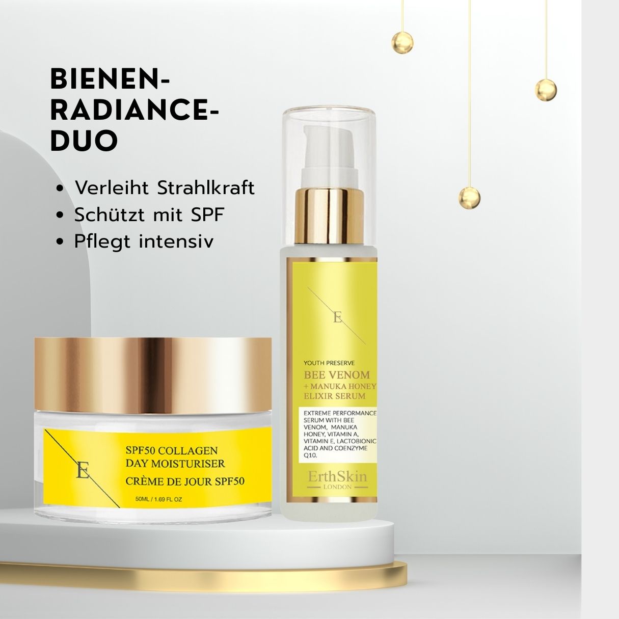 ErthSkin London Bijen Straling Duo: dagcrème SPF50 en collageen serum. Geeft uitstraling, beschermt met SPF, intensieve verzorging.