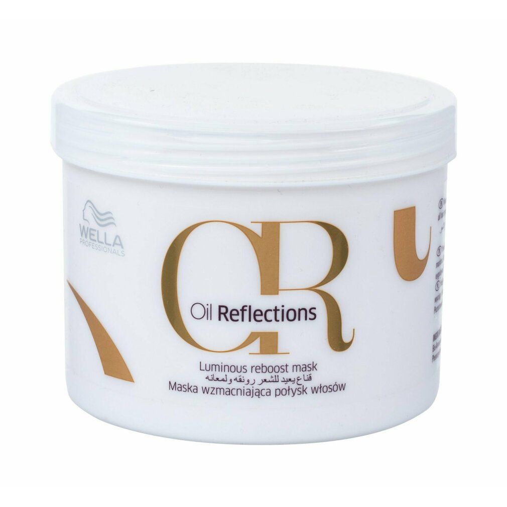Witte pot met goudkleurige opdruk. Opschrift: Oil Reflections, Luminous reboost mask. Merk: Wella Professionals.