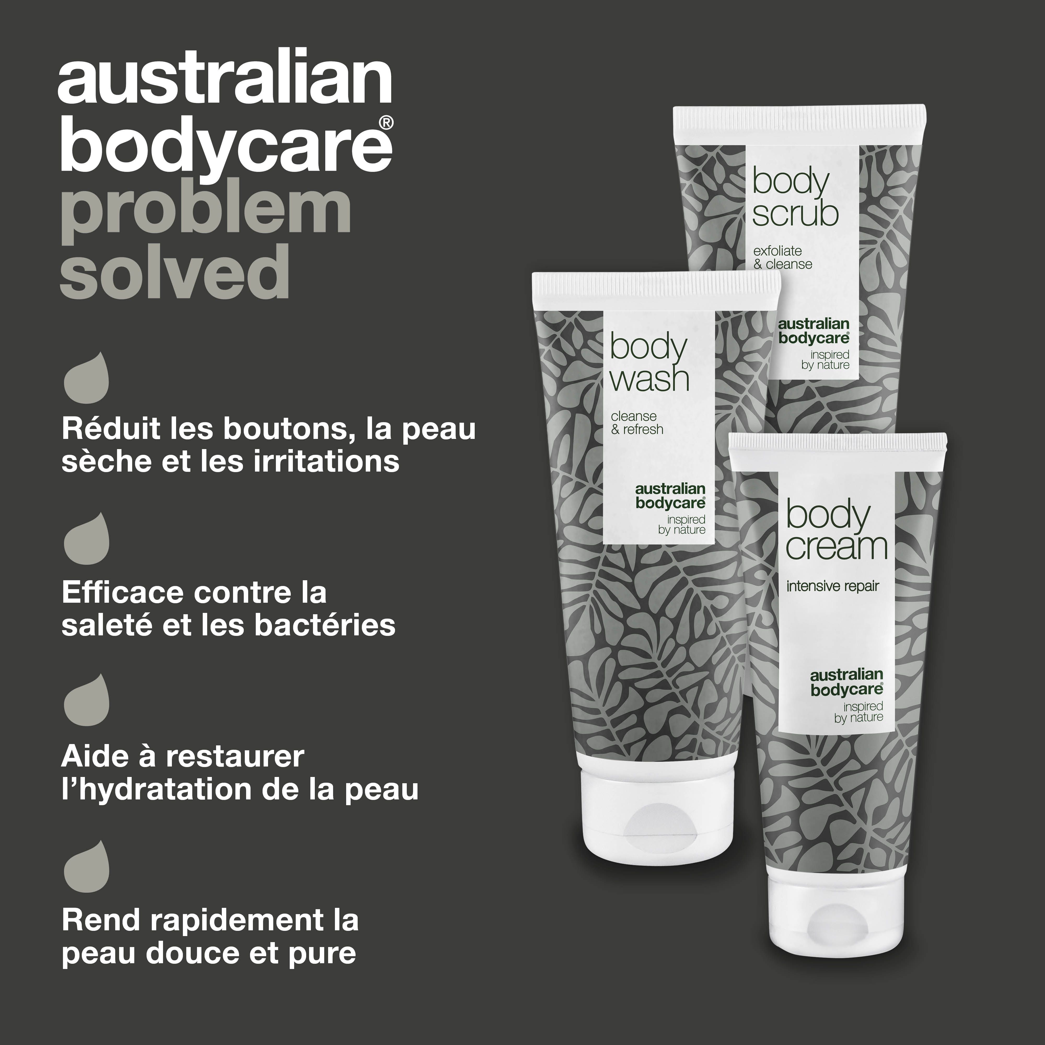 Problème résolu. Produits : Body Scrub, Body Wash, Body Cream. Texte : Réduit les boutons, la peau sèche et les irritations.