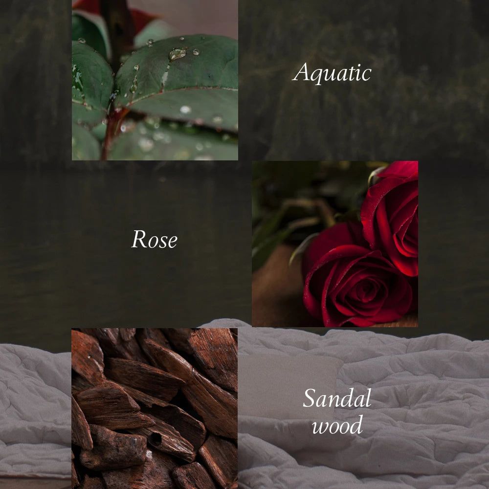 Bladeren met waterdruppels, rozen, hout. Tekst: Aquatic, Rose, sandelhout.