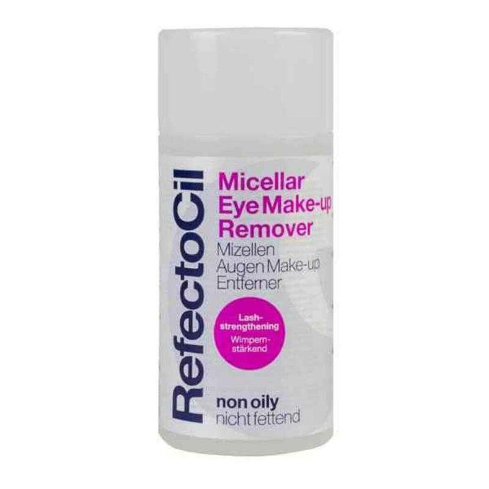 Witte fles met roze cirkel en tekst 'Micellar Eye Make-up Remover' en RefectoCil-logo. 150ml.