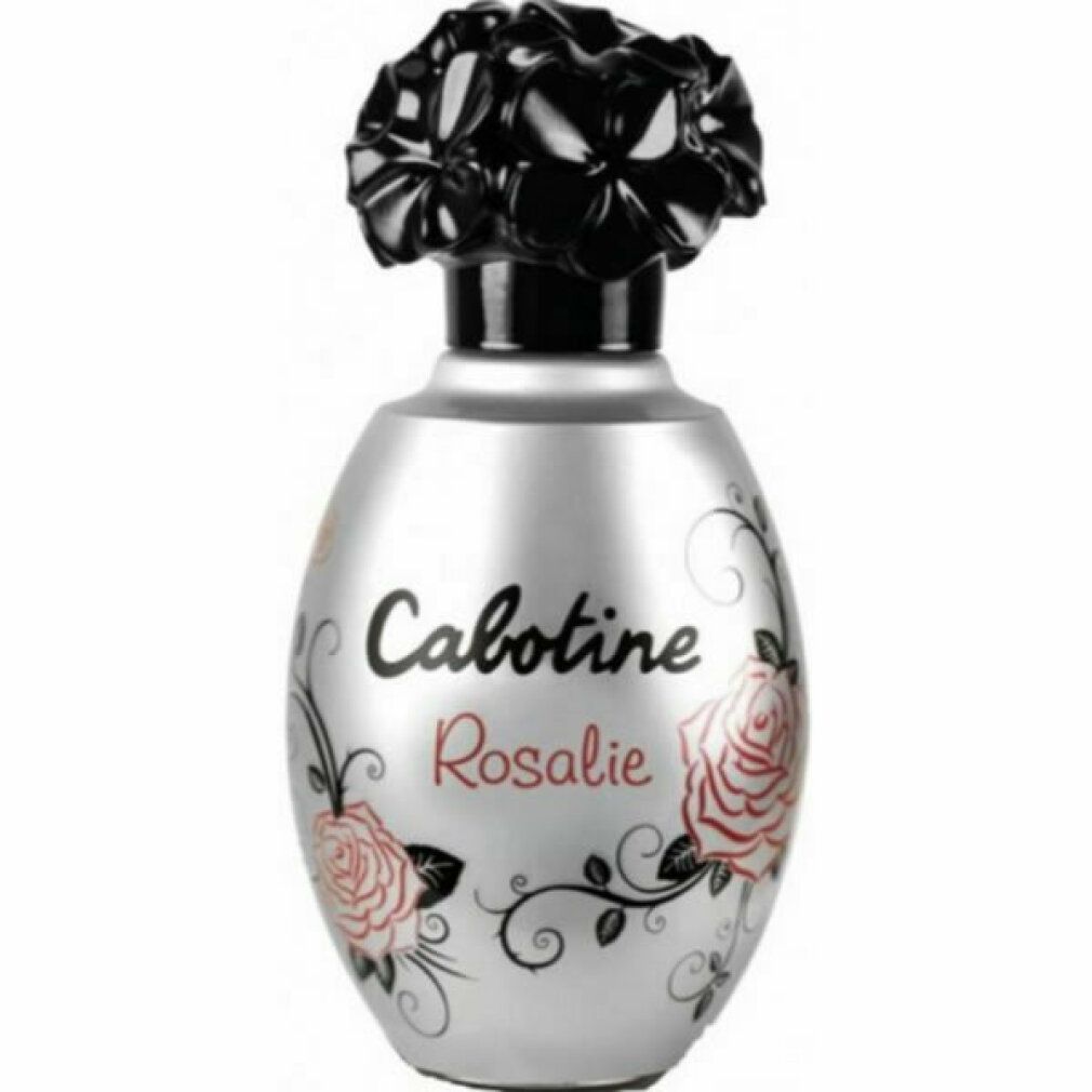 Flacon argenté, bouchon noir en forme de fleur. Inscription Cabotine Rosalie, décor de roses.