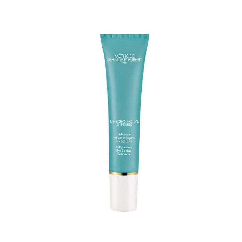Turquoise tube met witte dop, Jeanne Piaubert L'Hydro-Active 24h Tri-Hydrating Eye Cooling Gel-Cream.