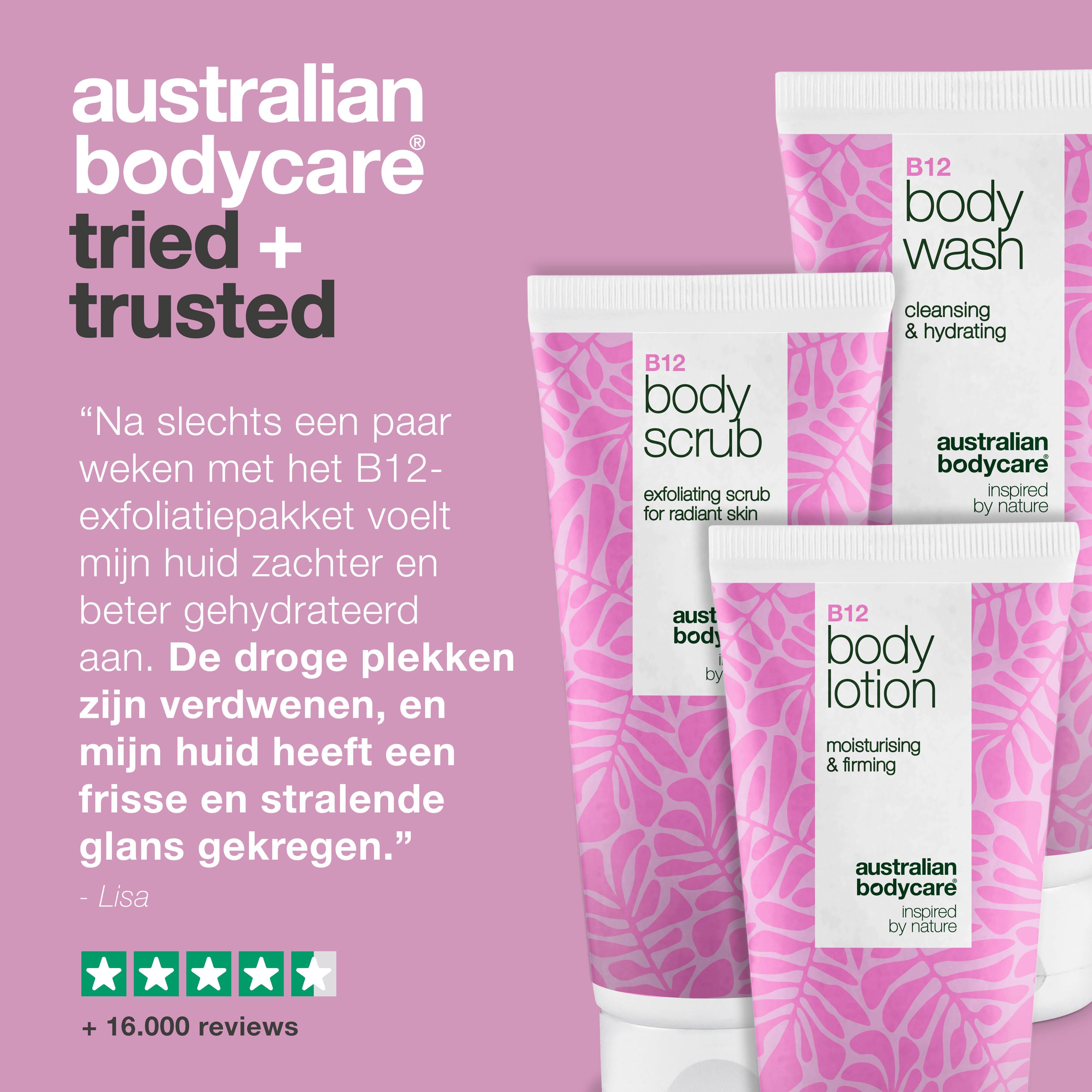 Drie tubes: B12 Body Wash, Body Scrub, Body Lotion. Tekst: Australian Bodycare. Citaat en sterrenbeoordeling.