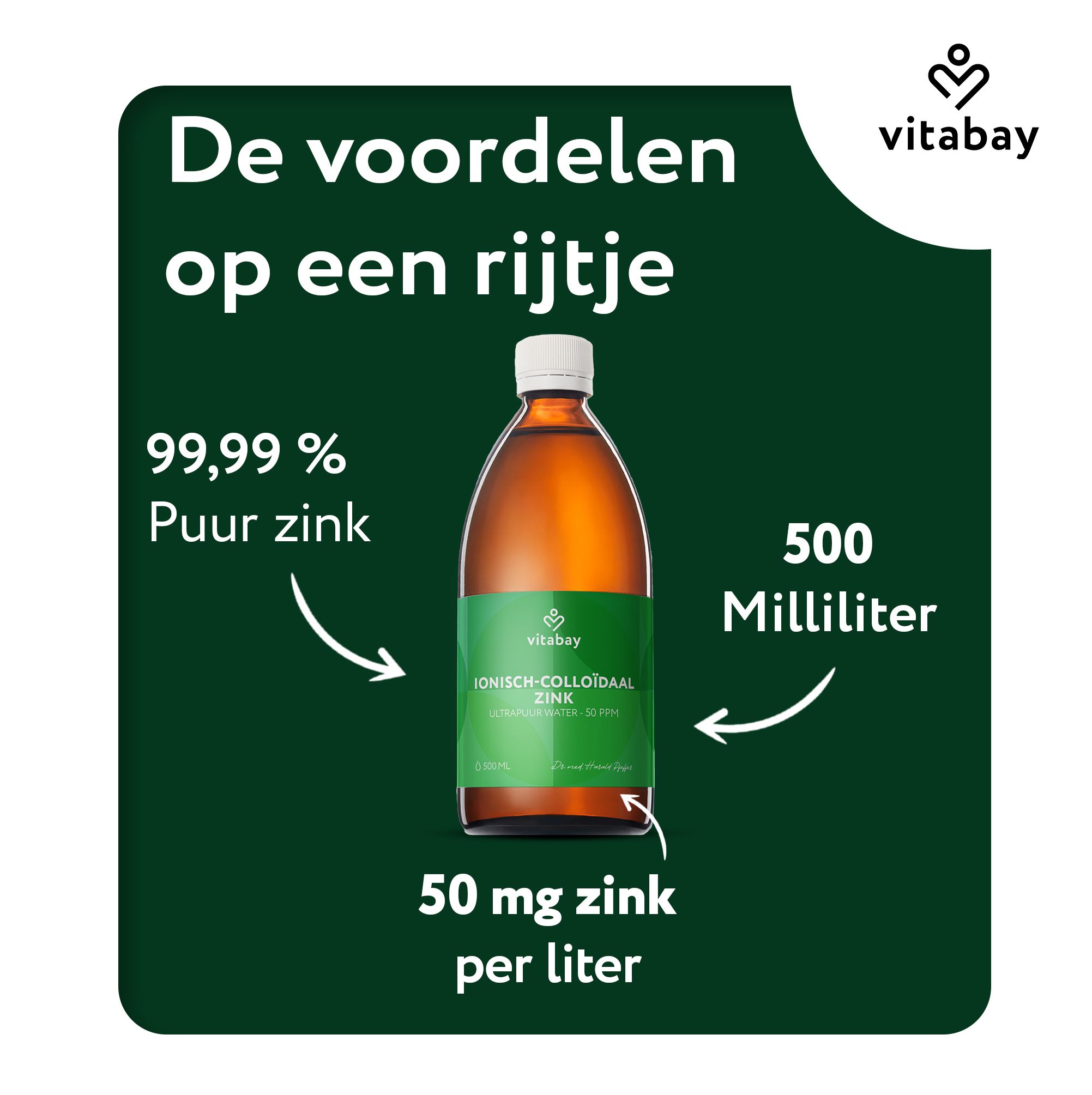 Fles Colloïdaal Zink, 500 Milliliter. Tekst: "99,99 % Puur zink", "50 mg zink per liter".
