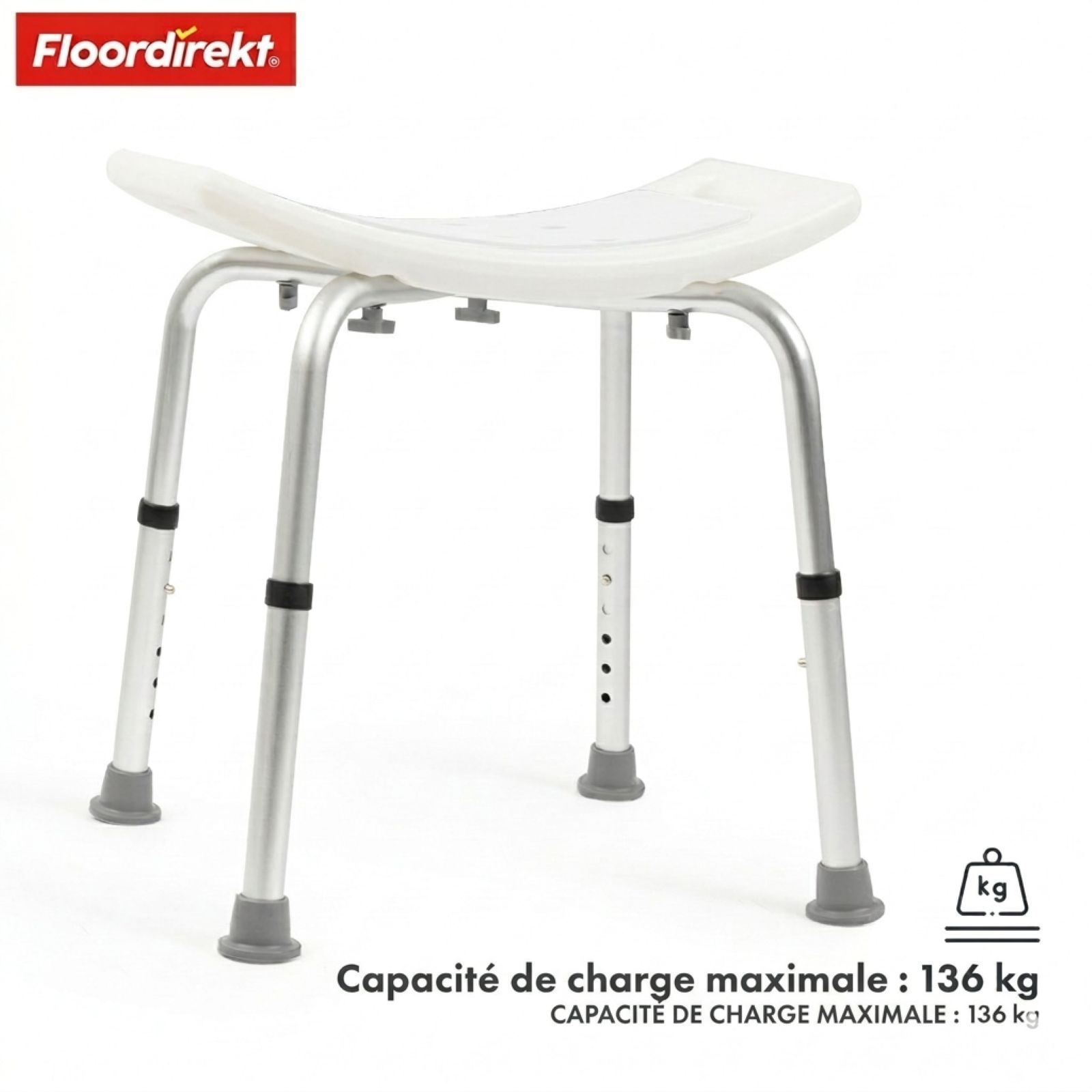 Tabouret de douche blanc, pieds argentés, pieds gris. Capacité de charge maximale : 136 kg. Marque : Floordirekt.