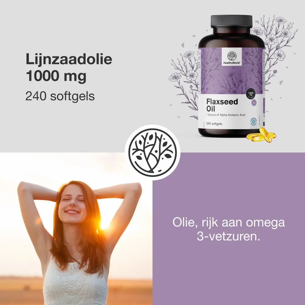 Collage: Fles lijnzaadolie, kalendericoon met 240, tekst.