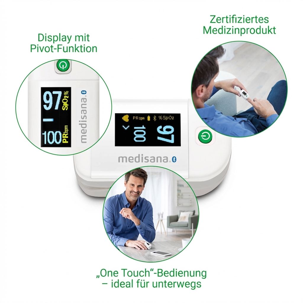 Oxymètre avec écran pivotant, produit médical certifié, commande One Touch.