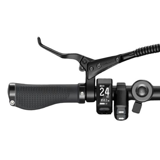 Guidon de vélo noir avec poignée, levier de frein et écran numérique. Détails du ENGWE P20.