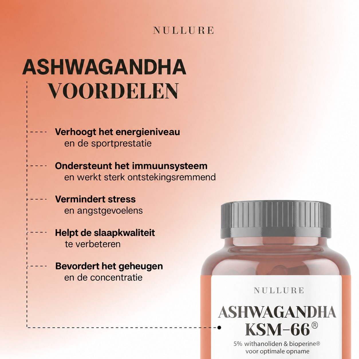 Fles Ashwagandha KSM-66 capsules. 120 capsules. Duits laboratorium getest. Bio, energie, slaap.