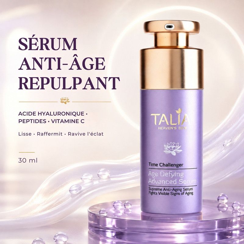 Flacon pompe violet de 30 ml avec bouchon doré. Sérum Talia Age Defying Advanced.