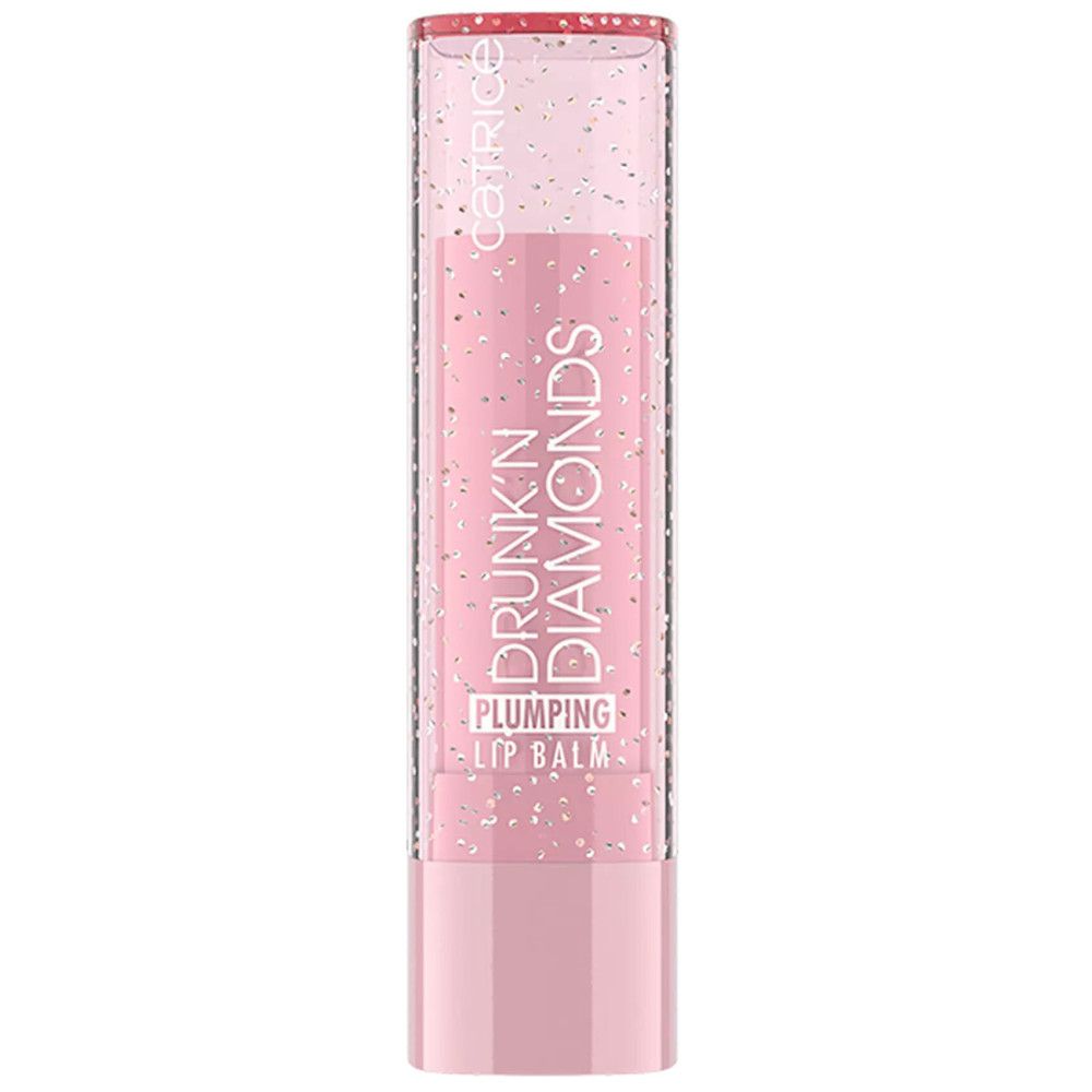 Roze lippenbalsem. Opschrift: DRUNK'N DIAMONDS PLUMPING LIP BALM. Merk Catrice.