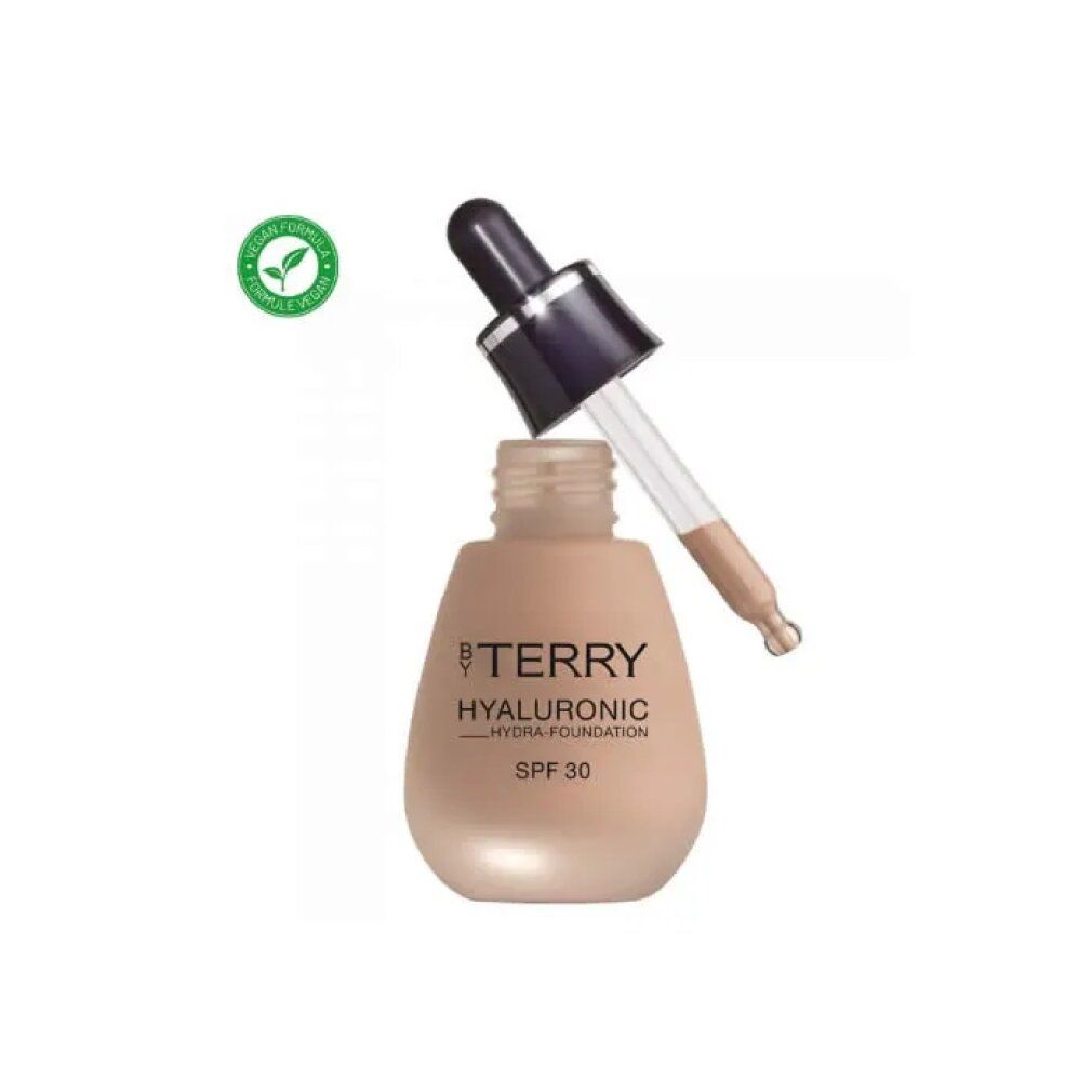 Foundationfles met pipet. Opschrift: BY TERRY HYALURONIC HYDRA-FOUNDATION SPF 30. Groen logo. Lichte kleur.