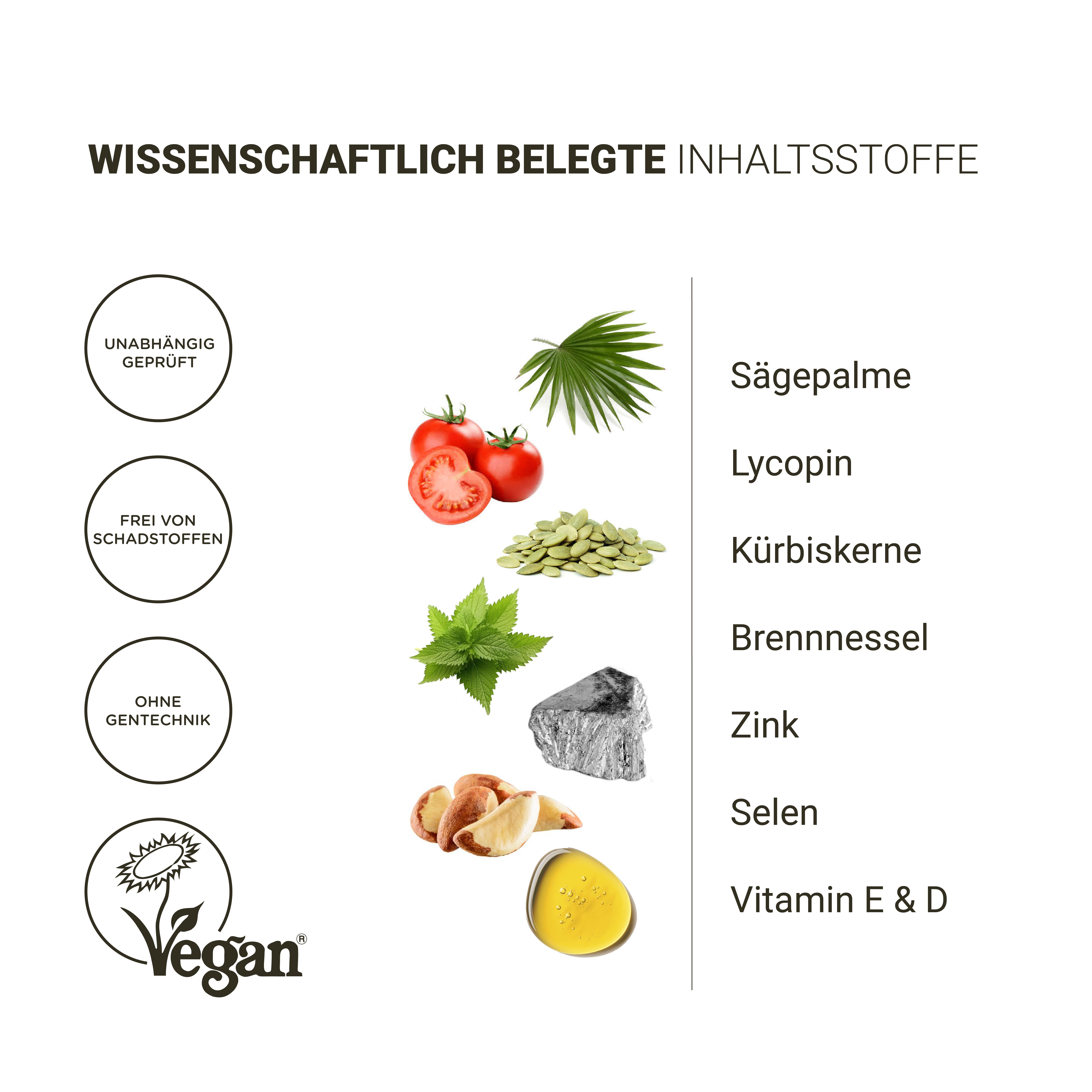 Verschillende ingrediënten. Tekst: Wetenschappelijk bewezen ingrediënten. Vegan label.