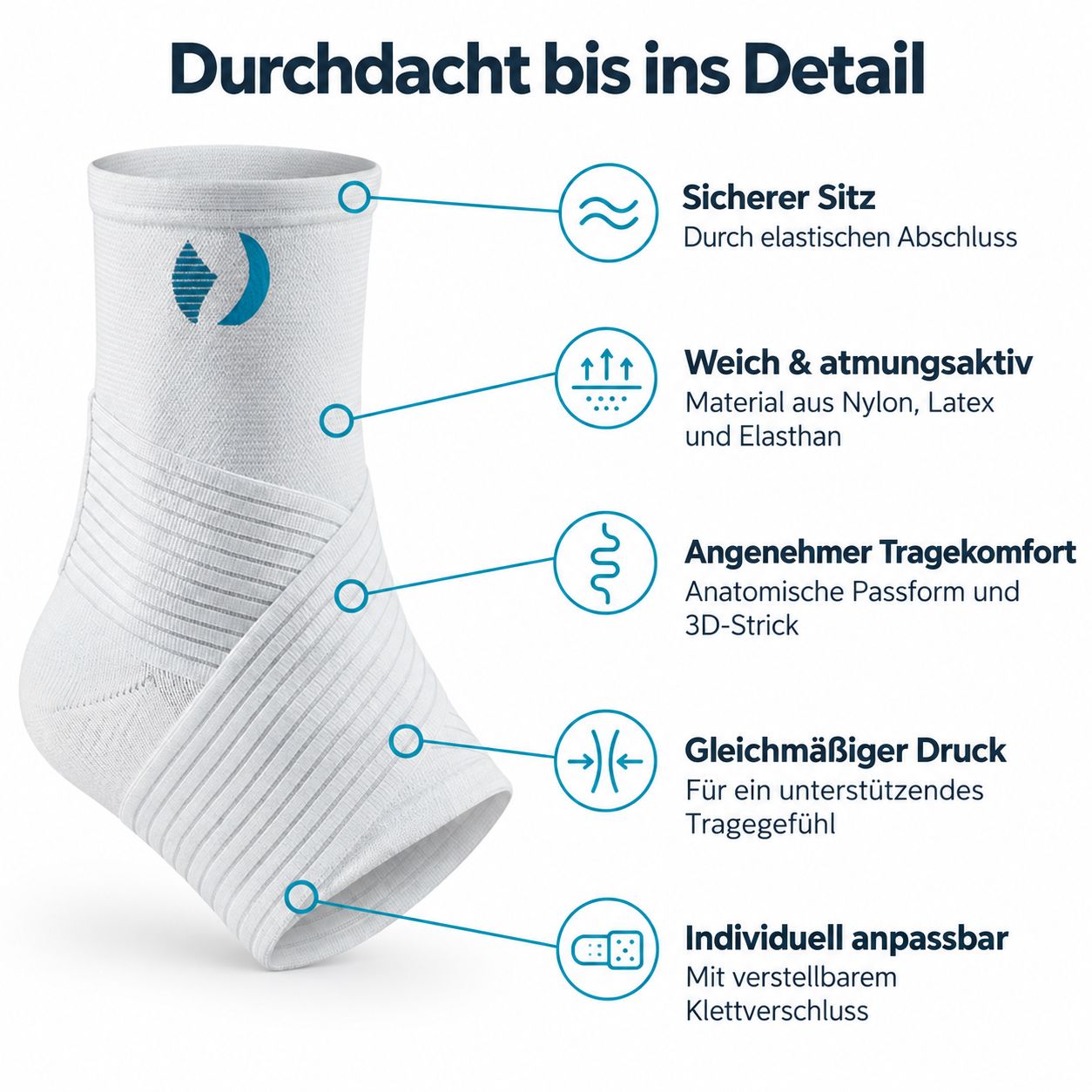 Orthèse de cheville blanche en nylon, latex et élasthanne avec ajustement anatomique, tricot 3D et fermeture velcro réglable.