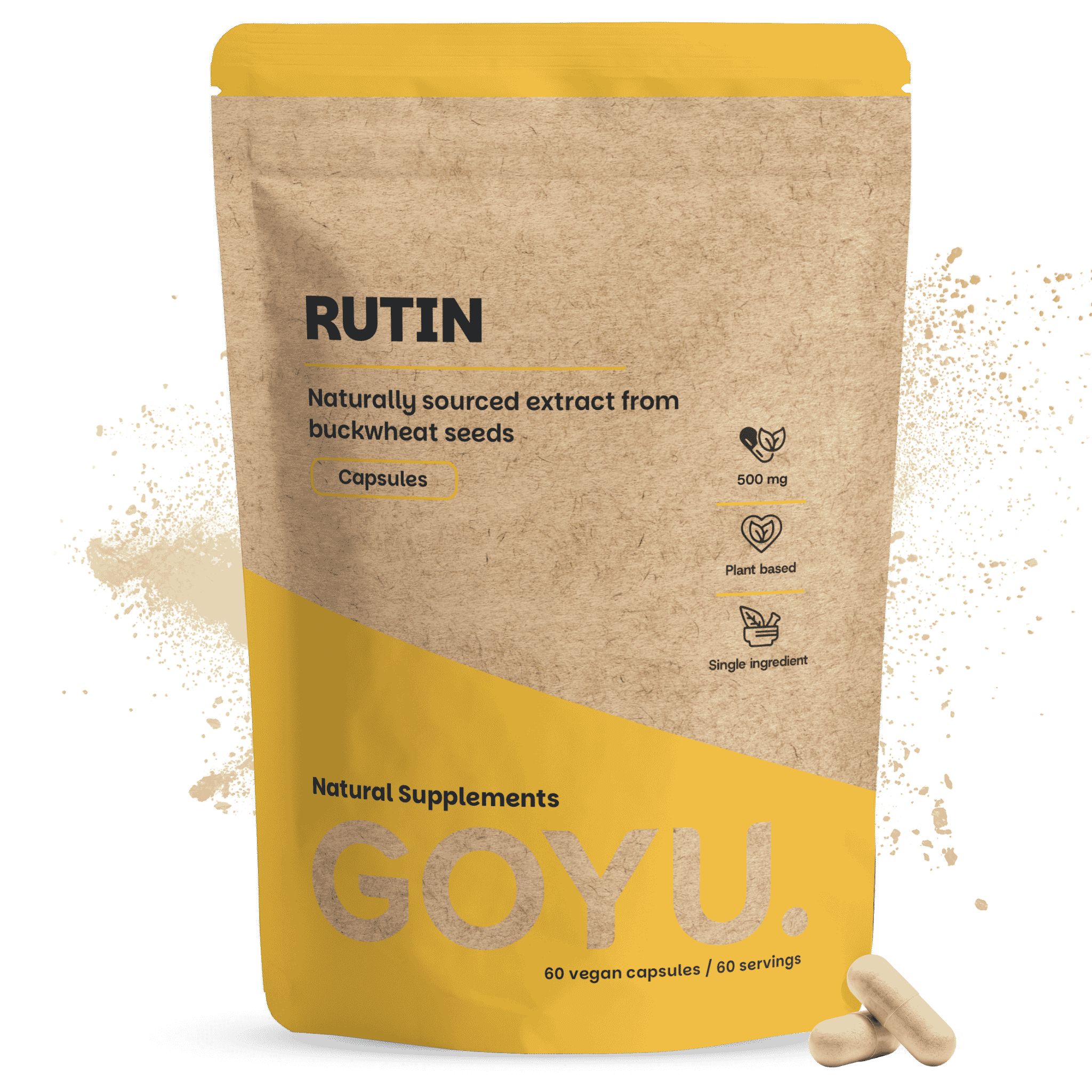 Bruine papieren zak met rutinecapsules, 500 mg, 60 stuks.
