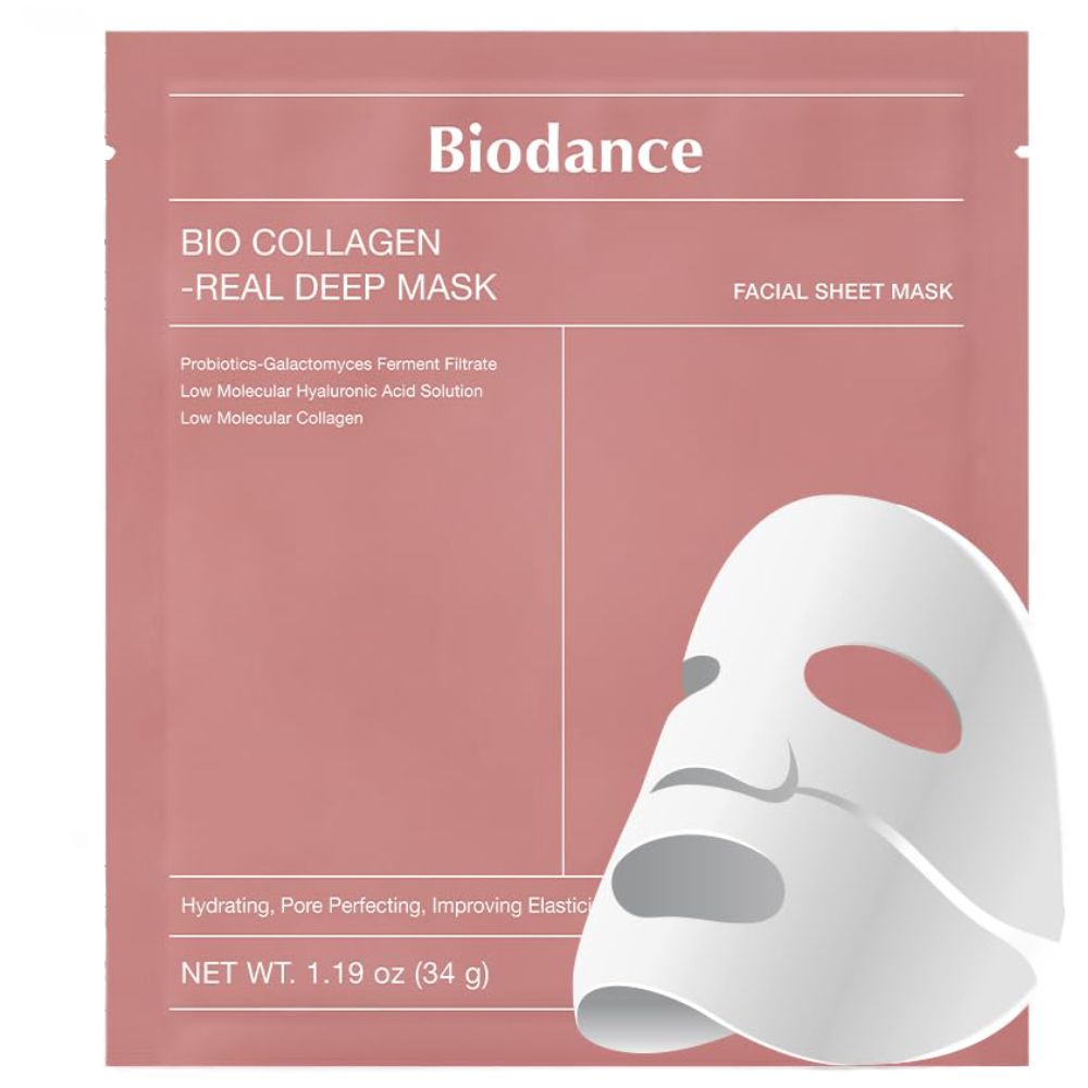 Emballage rose avec nom du produit et masque facial. Texte : Bio Collagen - Real Deep Mask, Facial Sheet Mask.