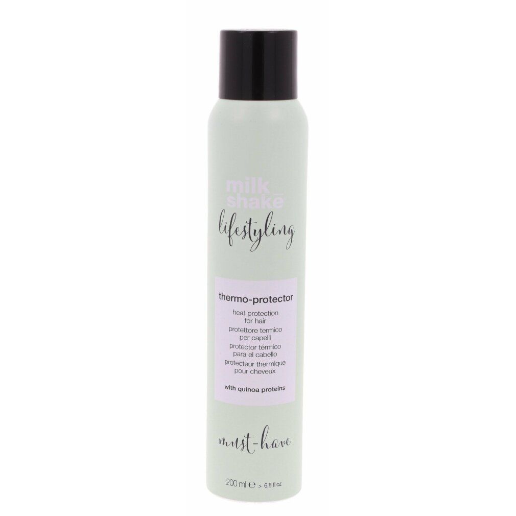 Lichtgroene sprayfles met zwarte dop. Opschrift: milk_shake, lifestyling, thermo-protector. Tekst in meerdere talen. Onder: must-have, 200 ml.