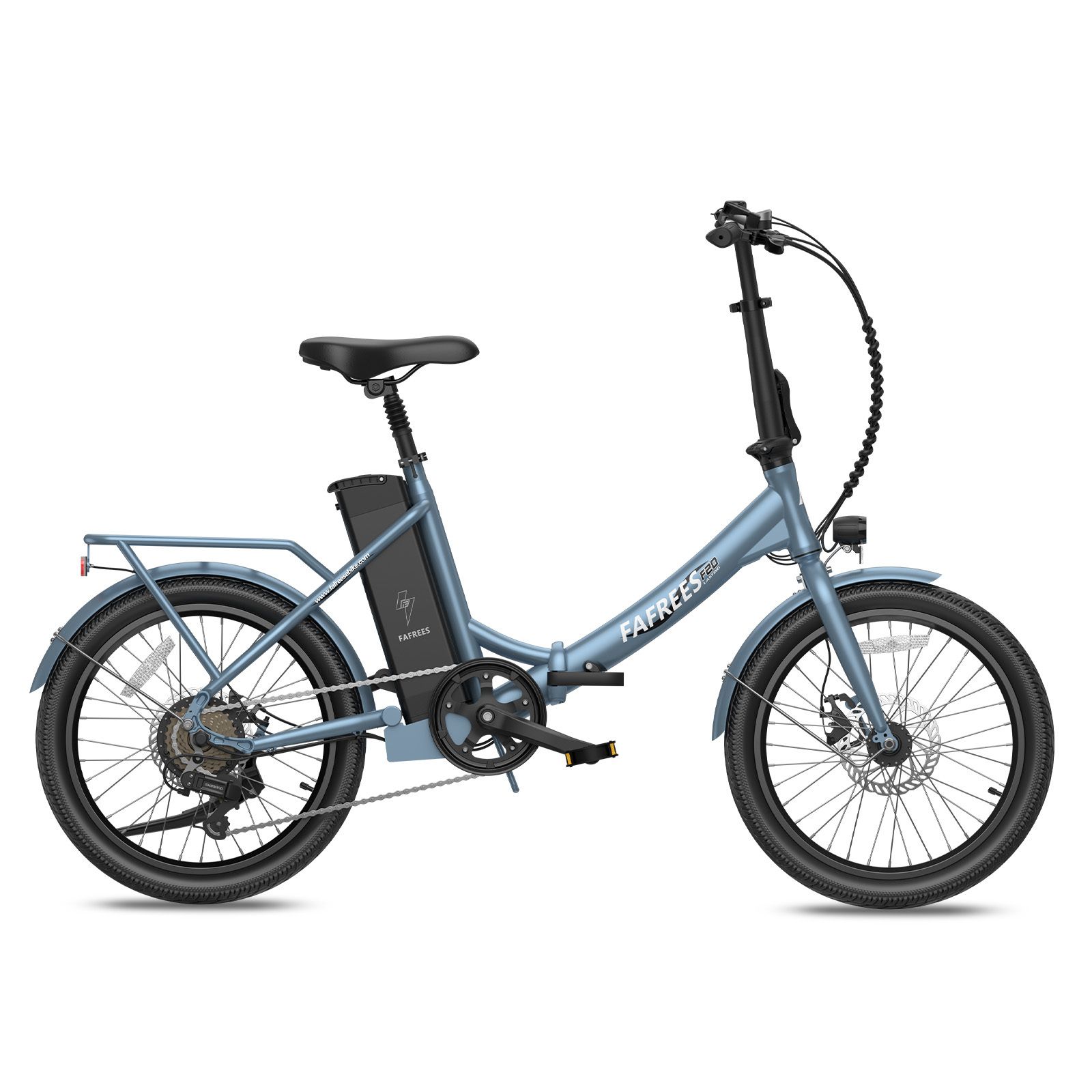 Vélo électrique Fafrees F20 bleu. Cadre pliable, porte-bagages, freins à disque. Batterie sur cadre. Pneus et selle noirs.