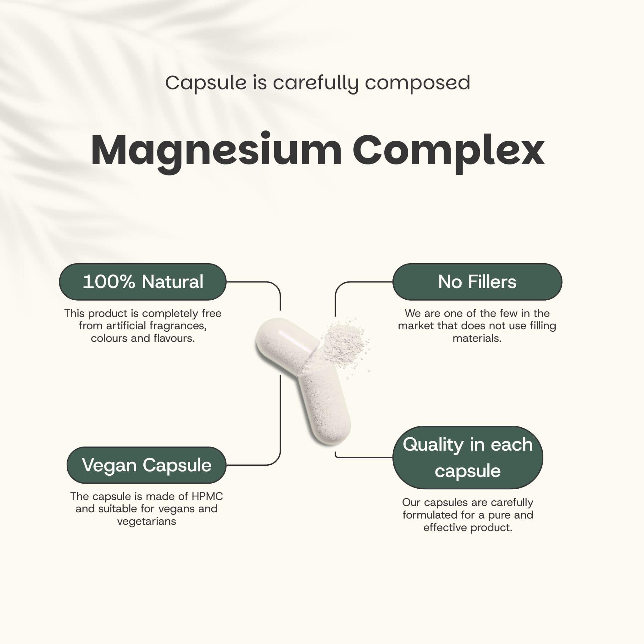 Gélule avec ingrédients. Texte : Magnesium Complex. 100% naturel. Sans agents de remplissage. Gélule végétalienne. Qualité.