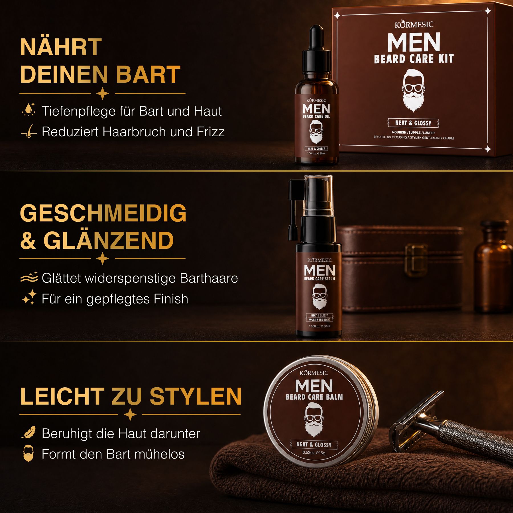 Boîte Körpersic Men Beard Care Kit avec flacon d'huile à barbe.
